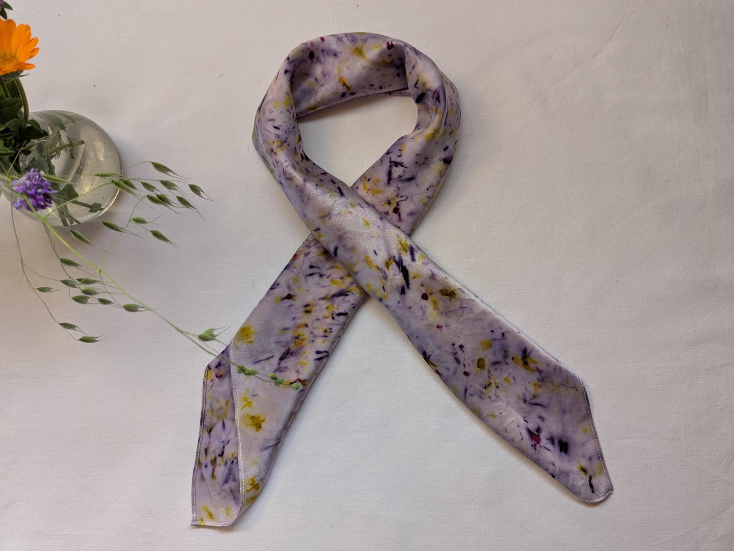 Botanical Eco Print Silk Scarf: Logwood & Marigold Dyed, Handmade in Georgia