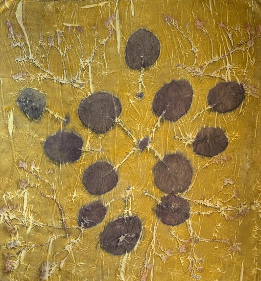 Eco-Printed Silk Scarf – Golden Yellow with Botanical prints – Handmade Sustainable Fashion Accessory from Georgia