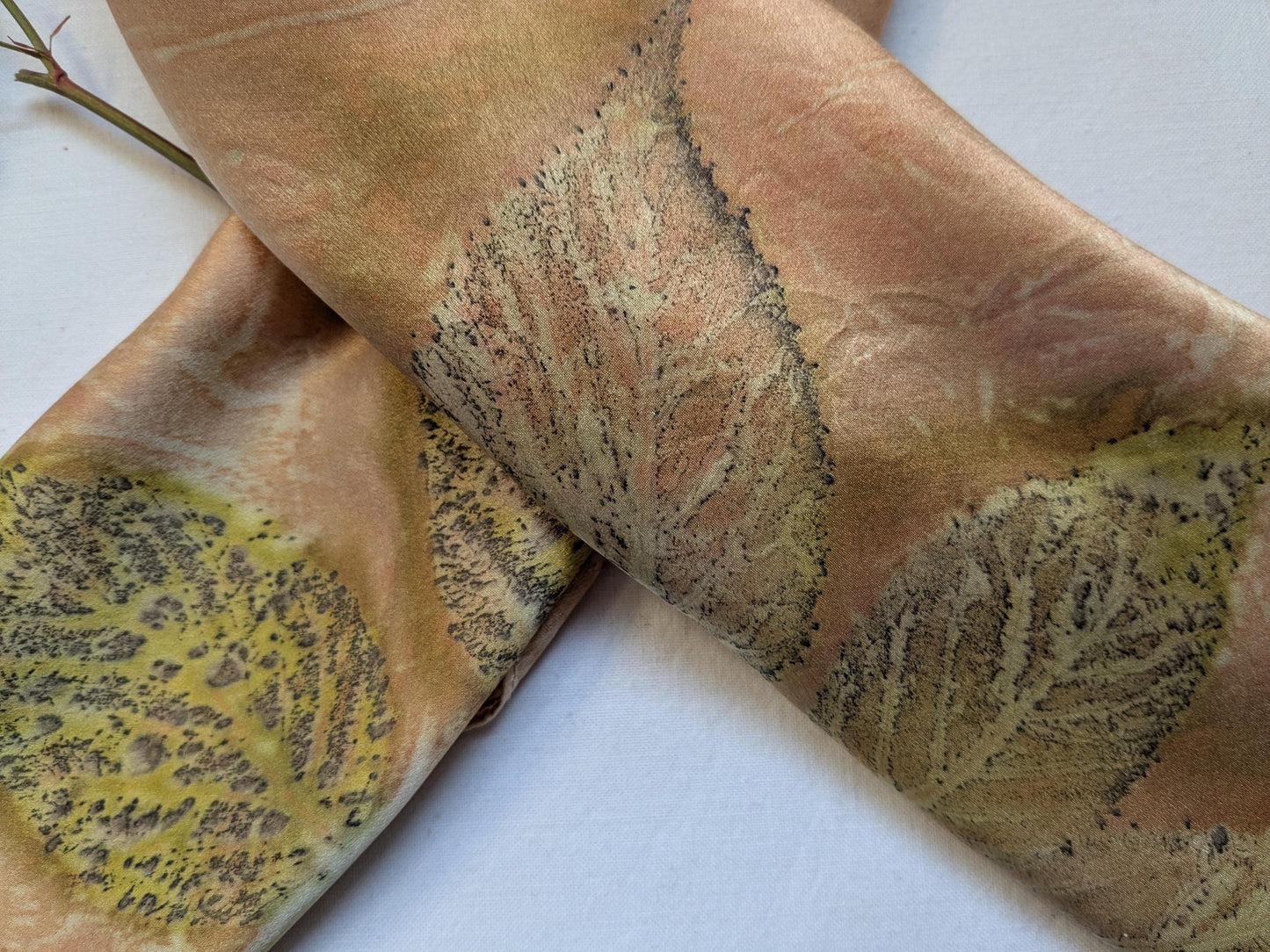 Organic Silk Eco Print Scarf: Madder Root Dyed, Raspberry Leaf