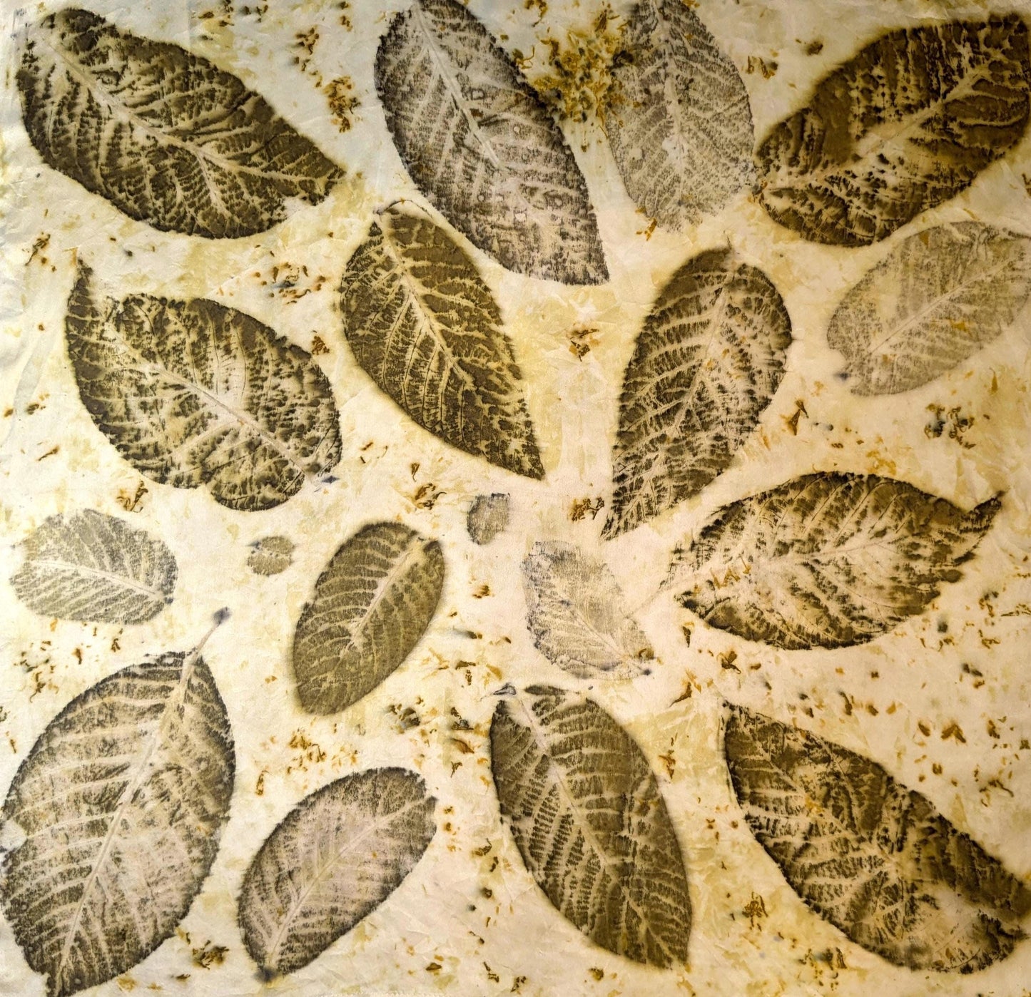 Eco-Printed Silk Scarf: Walnut Leaf Design, Natural Satin