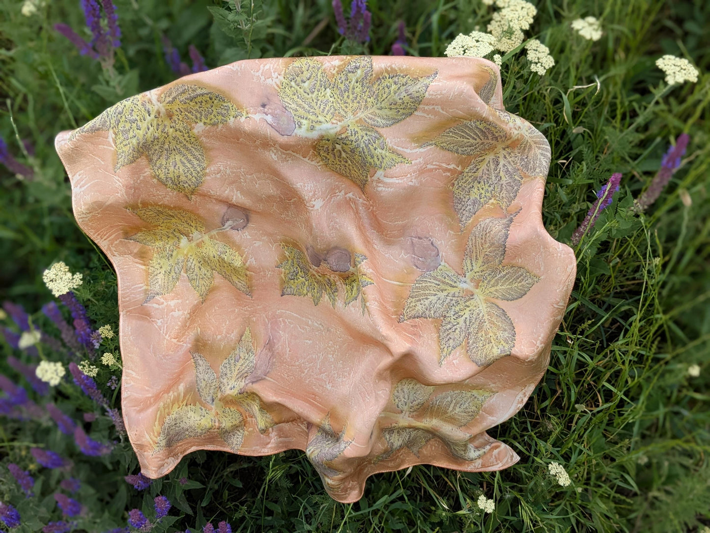 Organic Silk Eco Print Scarf: Madder Root Dyed, Raspberry Leaf