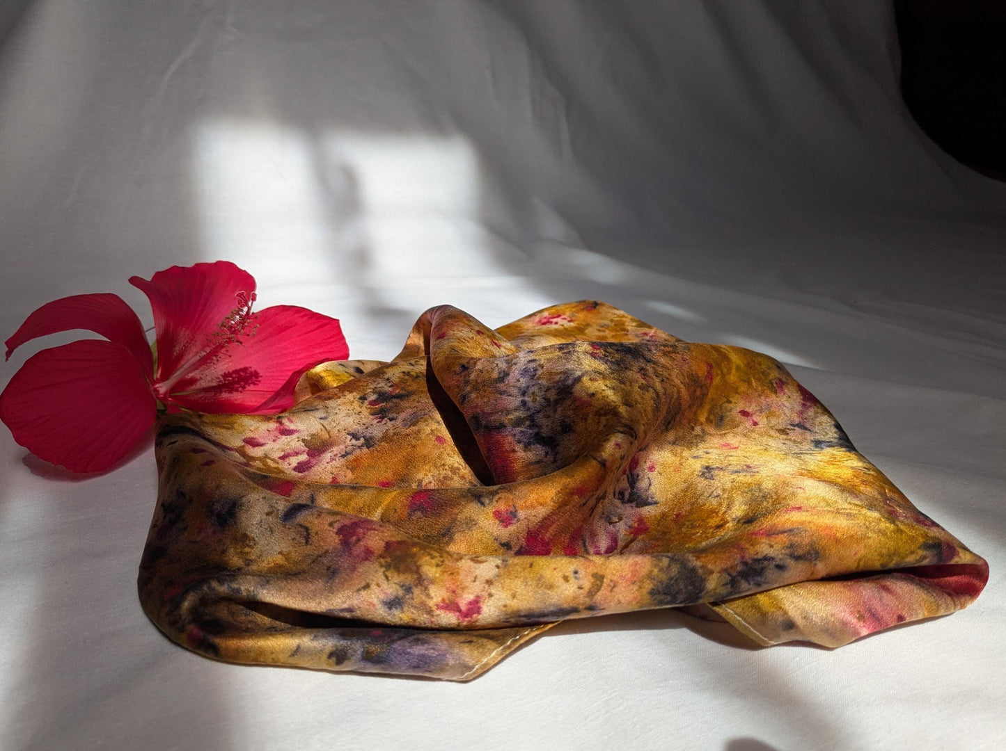 Plant dyed natural silk scarf: marigolds, madder, logwood and cochineal