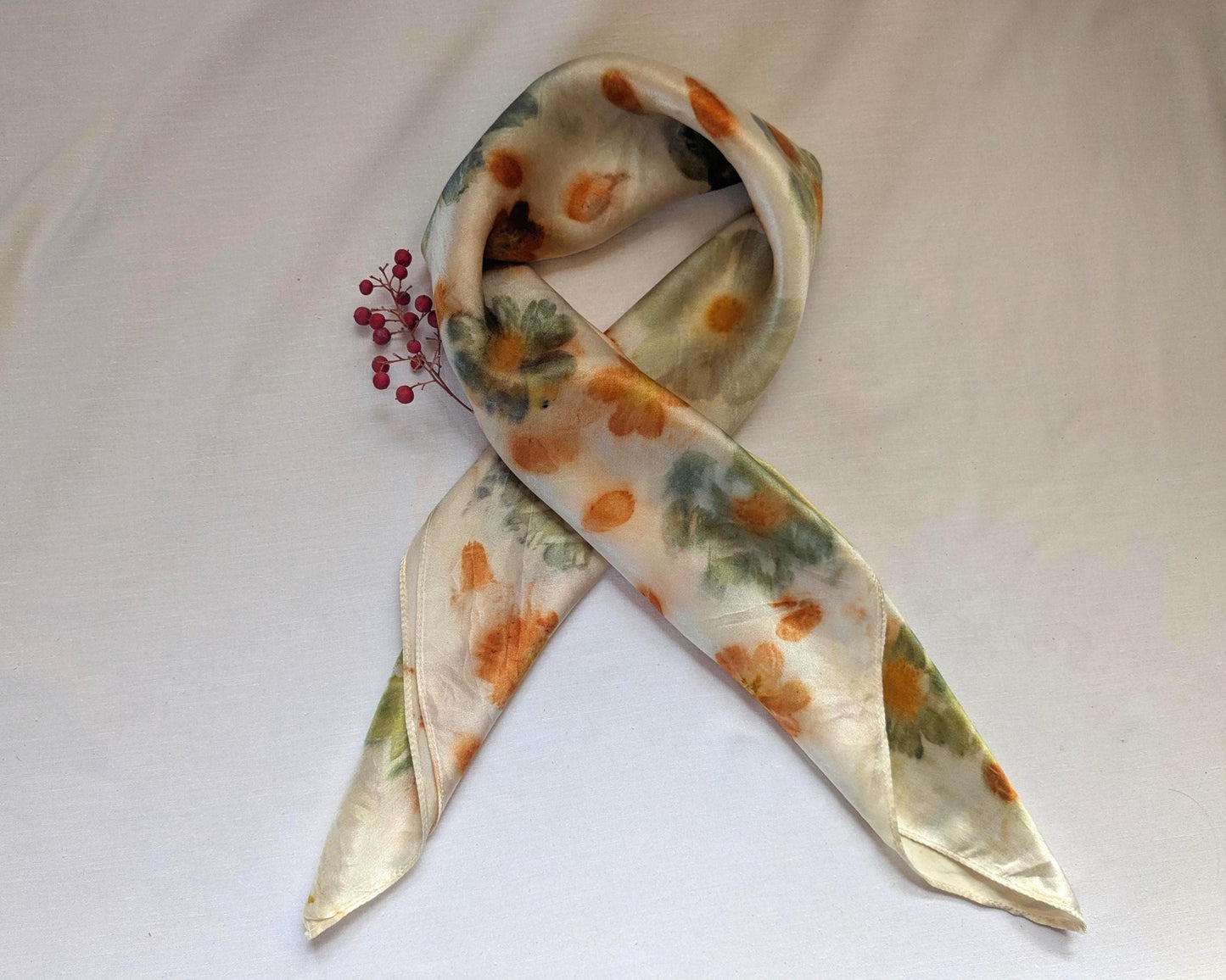 Flower eco printed scarf, natural silk satin