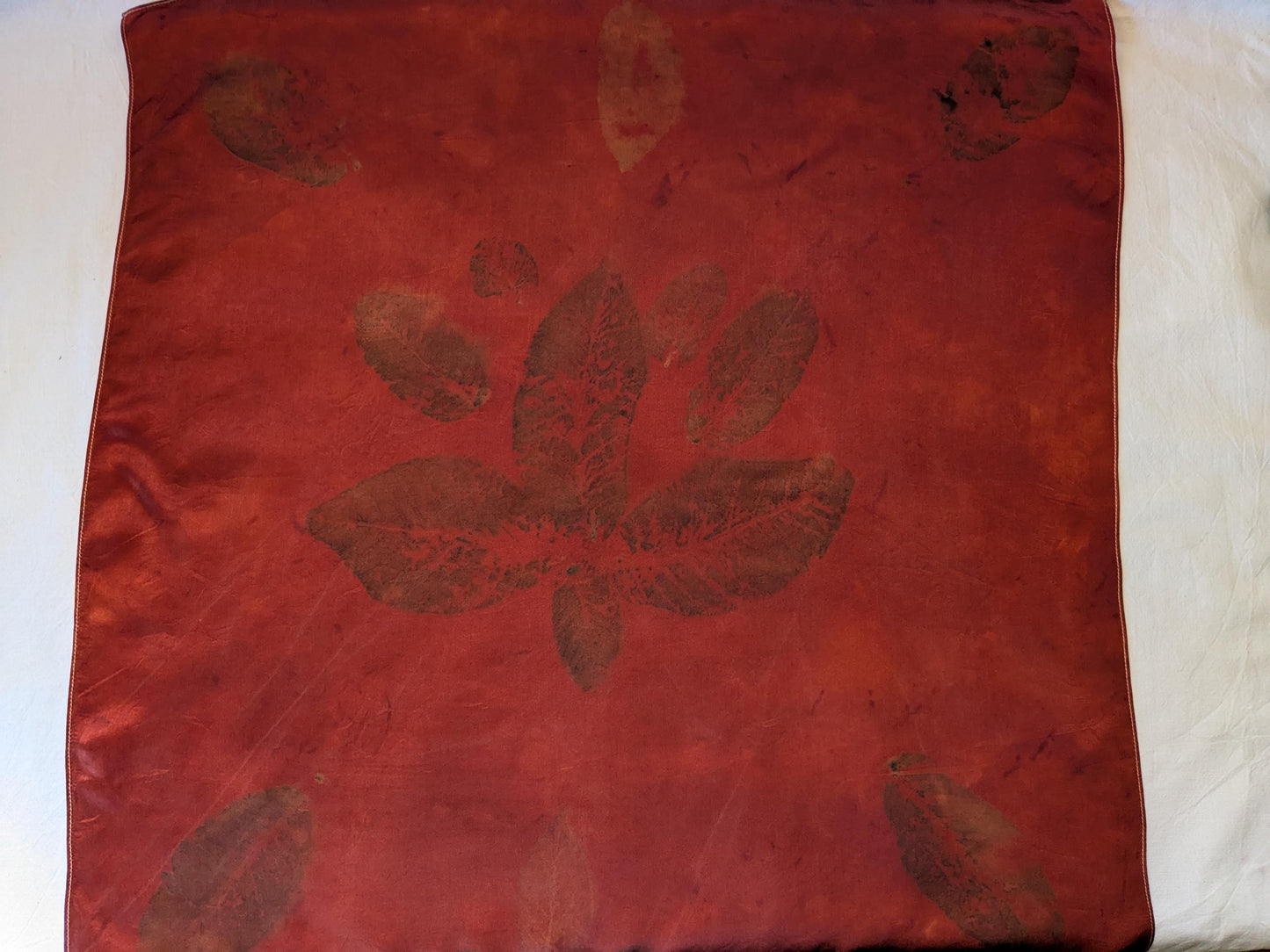 Eco-Printed Organic Silk Scarf: Madder Root Dyed, Walnut Leaf Design