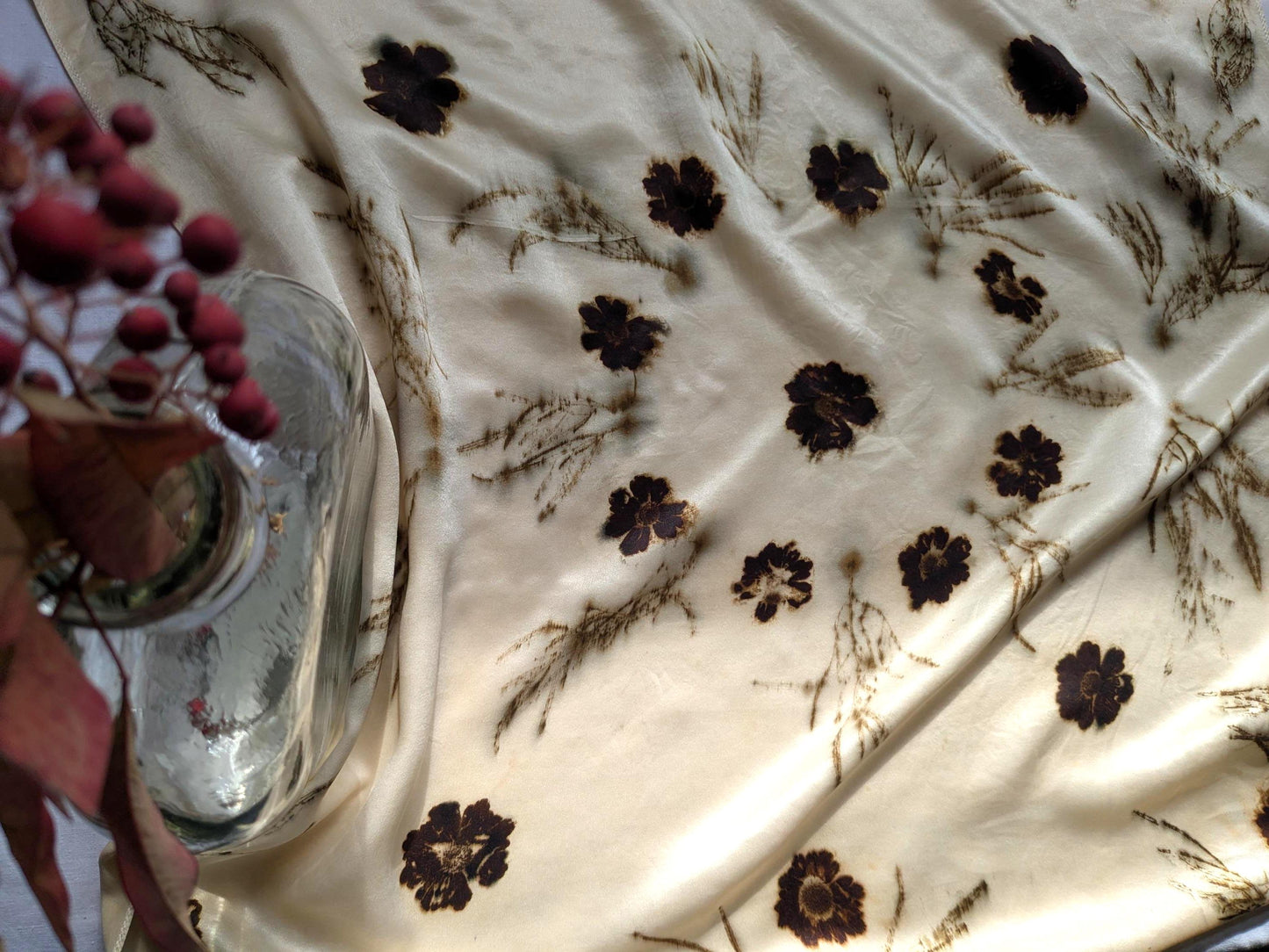 Silk scarf eco printed with Coreopsis flowers