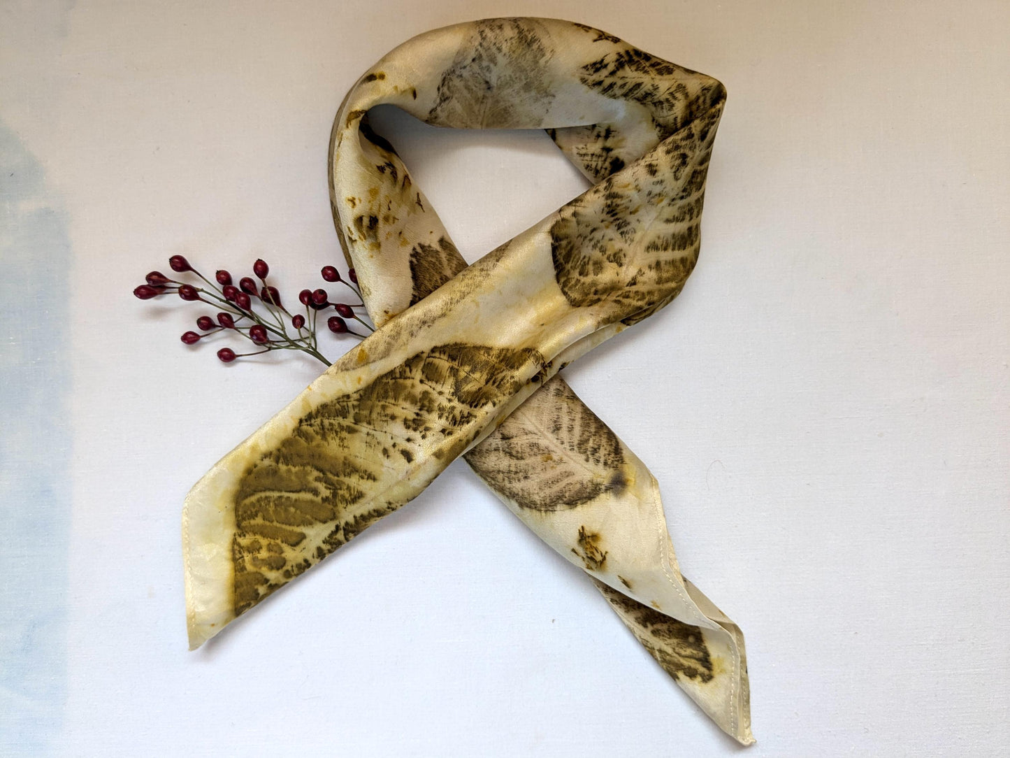 Eco-Printed Silk Scarf: Walnut Leaf Design, Natural Satin