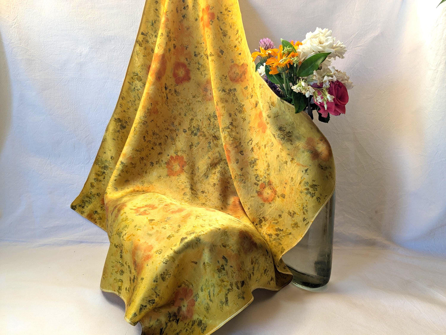 Eco Print Silk Scarf: Cosmos & Marigold Flowers, Boho Style