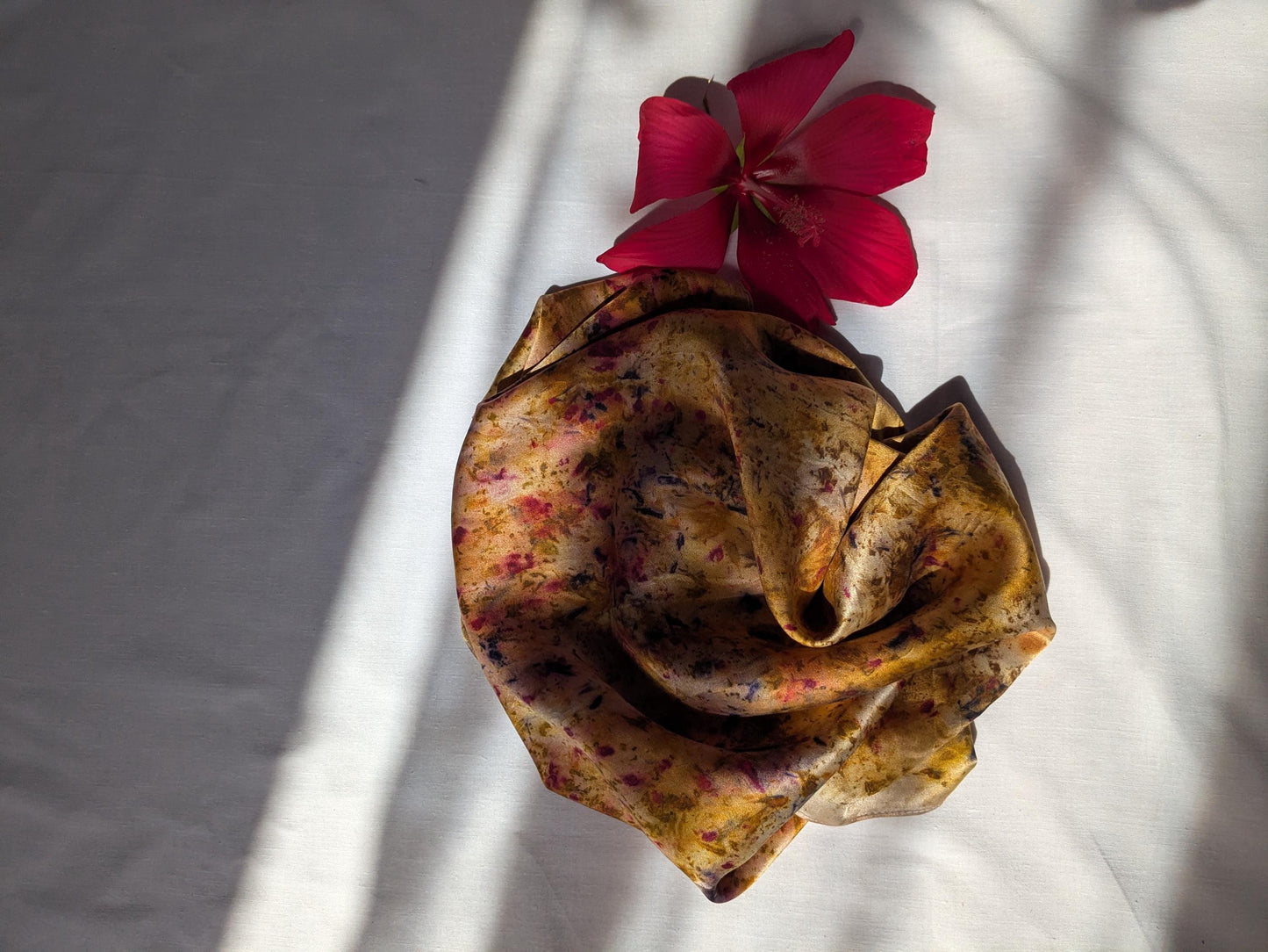 Plant dyed natural silk satin scarf, cochineal, logwood and marigolds