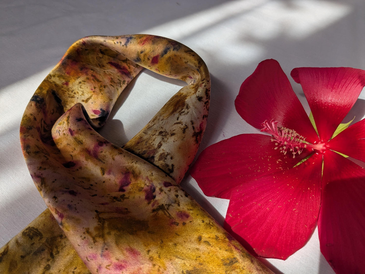 Plant dyed natural silk satin scarf, cochineal, logwood and marigolds