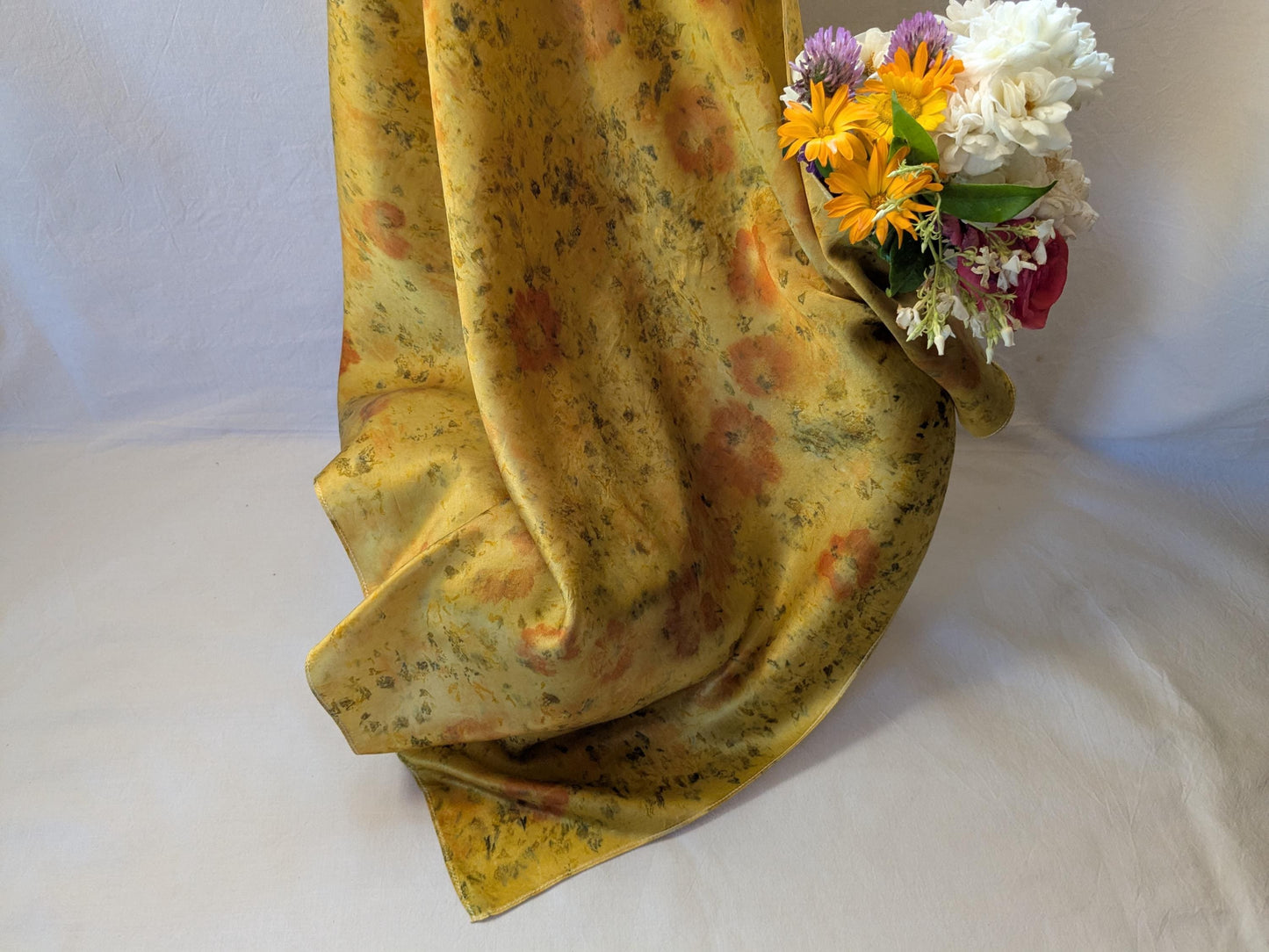 Eco Print Silk Scarf: Cosmos & Marigold Flowers, Boho Style