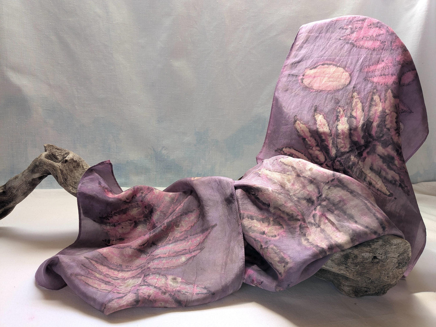 Hand-Dyed Silk Scarf: Cochineal, Sumac & Smokebush Botanical Print