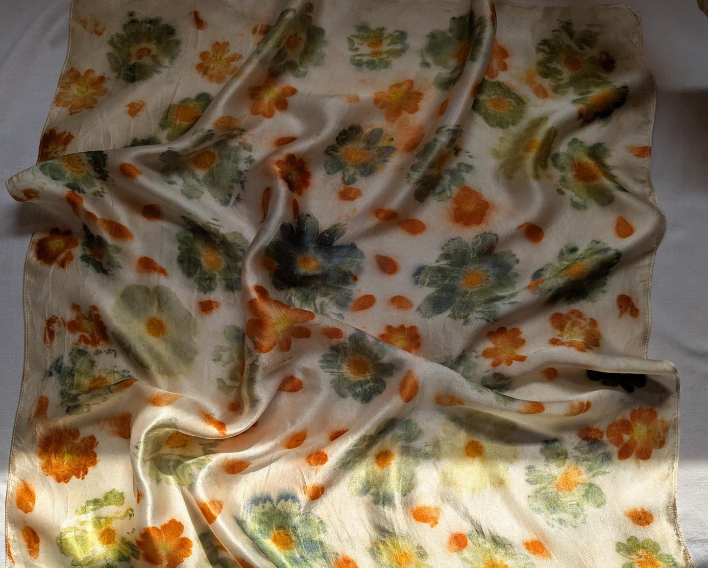 Flower eco printed scarf, natural silk satin