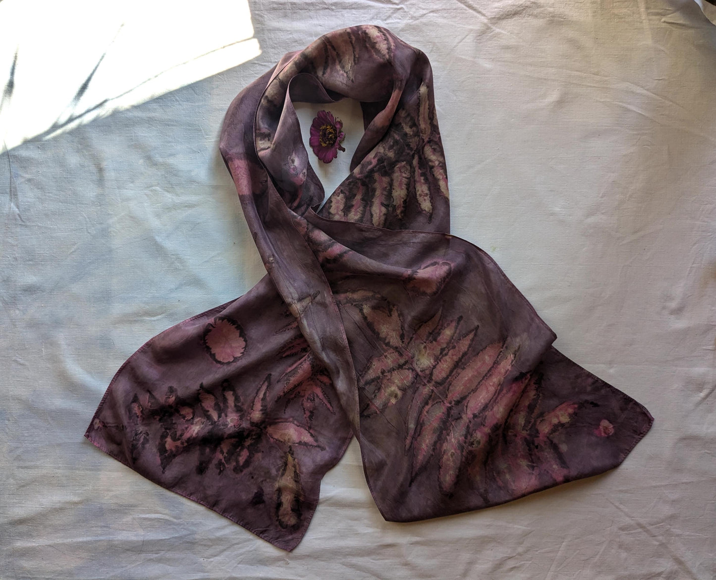 Hand-Dyed Silk Scarf: Cochineal, Sumac & Smokebush Botanical Print