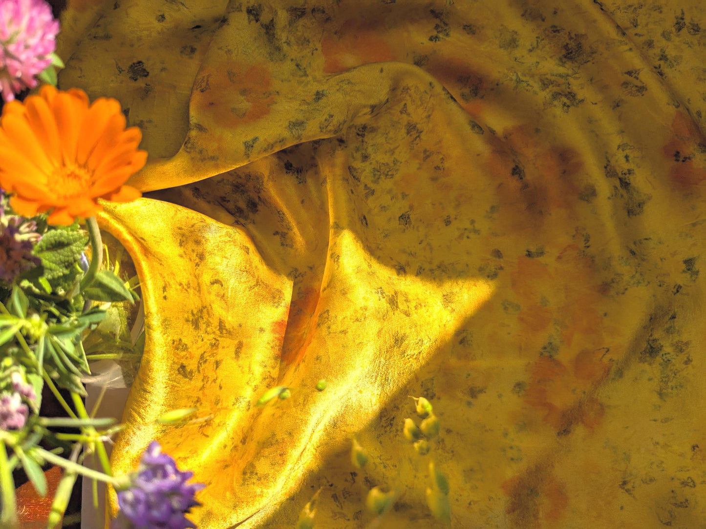 Eco Print Silk Scarf: Cosmos & Marigold Flowers, Boho Style