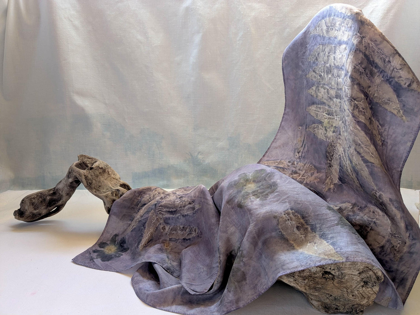 Eco print scarf, Hand-Dyed Silk Scarf – Logwood Bark, Sumac, Cosmos & Smokebush Natural Dye, Eco-Printed