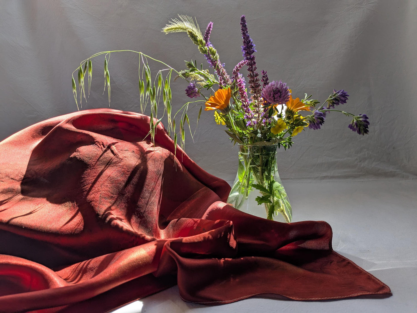 Eco-Printed Organic Silk Scarf: Madder Root Dyed, Walnut Leaf Design
