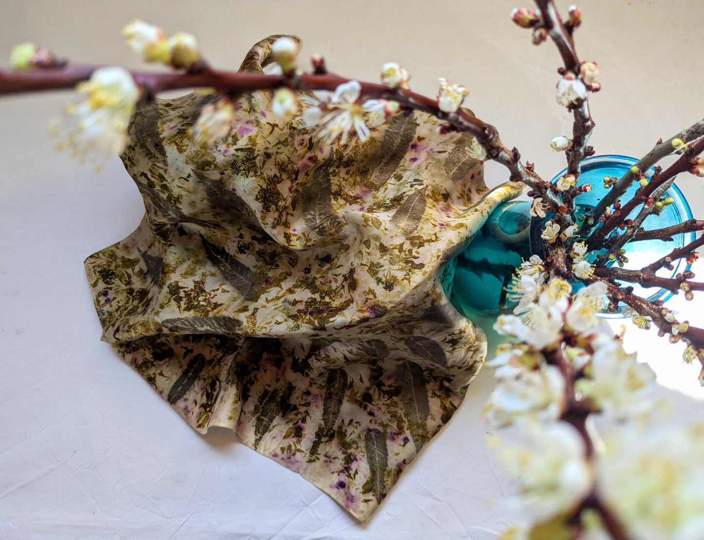 Eco-Printed Silk Satin Scarf: Sumac, Marigold & Cochineal Dyed