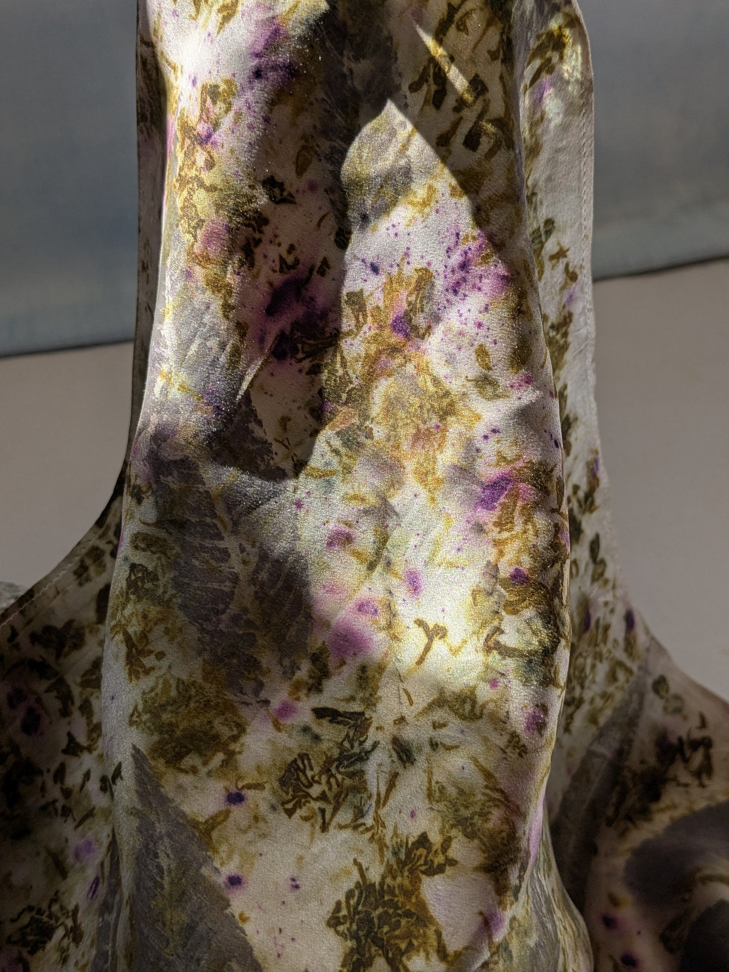 Eco-Printed Silk Satin Scarf: Sumac, Marigold & Cochineal Dyed