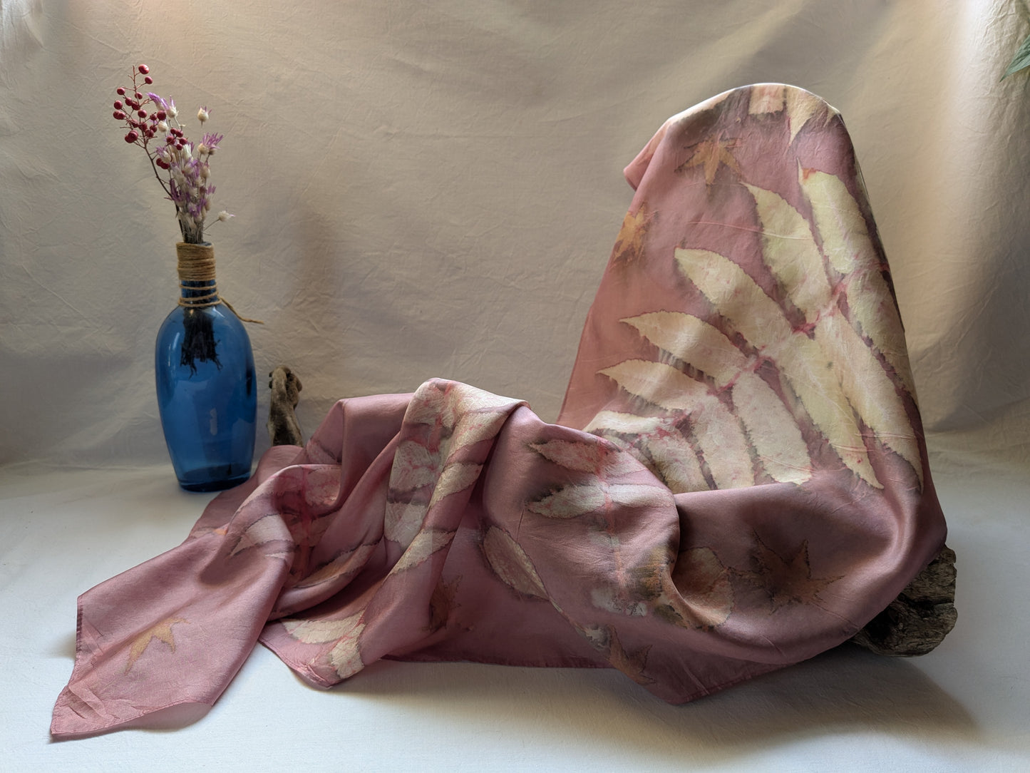Cochineal dyed and sumac eco print natural silk scarf