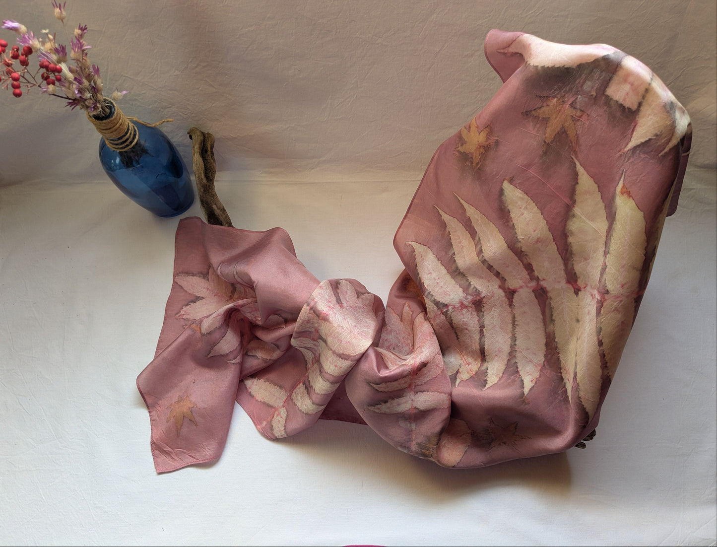 Cochineal dyed and sumac eco print natural silk scarf