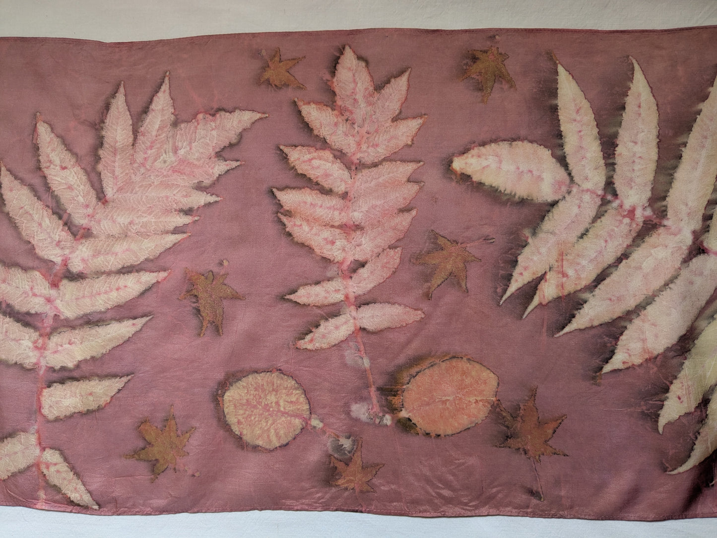 Cochineal dyed and sumac eco print natural silk scarf