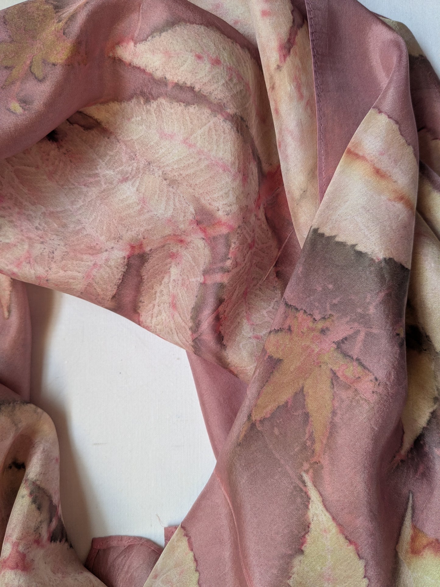 Cochineal dyed and sumac eco print natural silk scarf