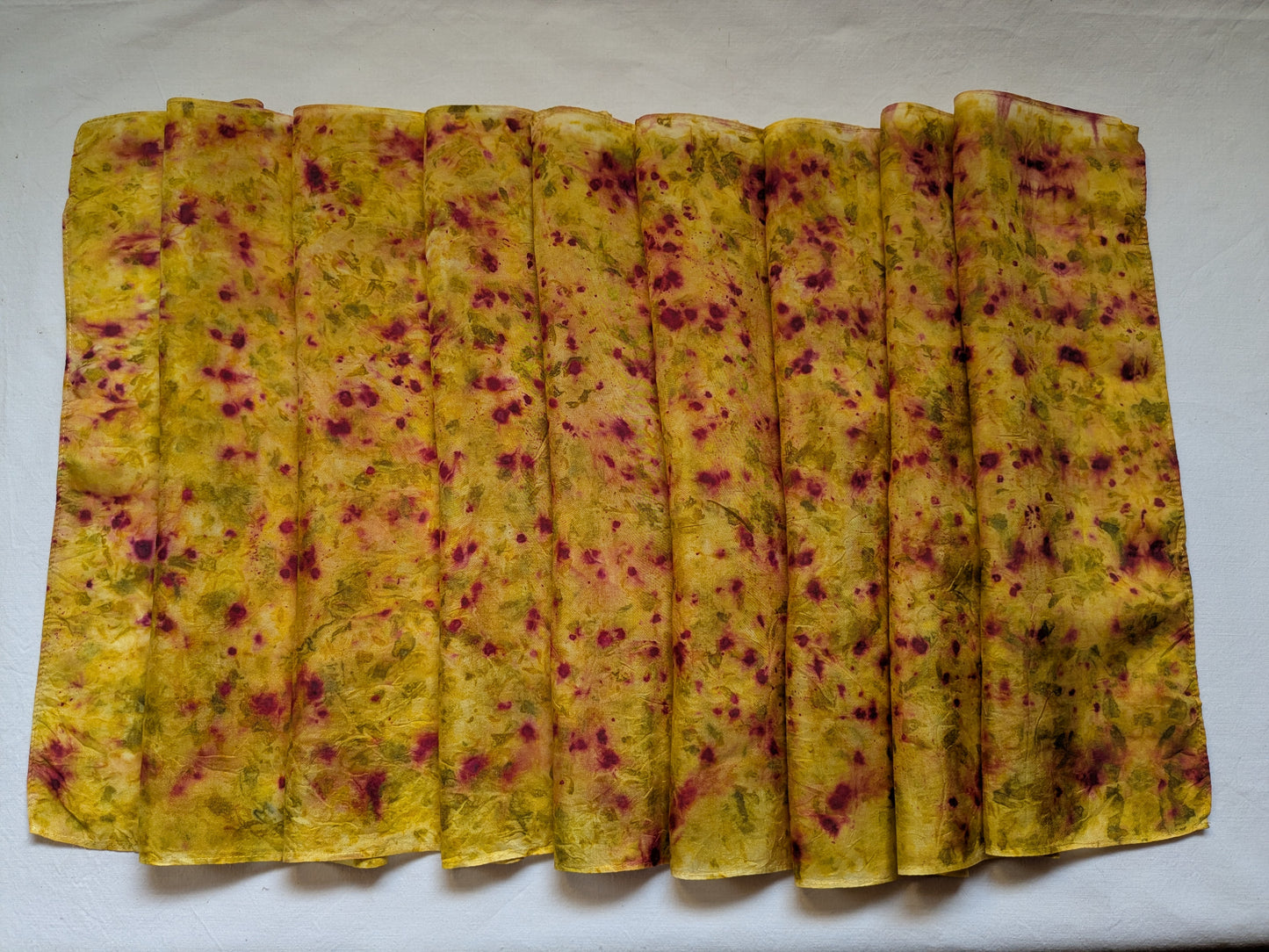 Rainbow colored silk scarf, dyed with natural dyes