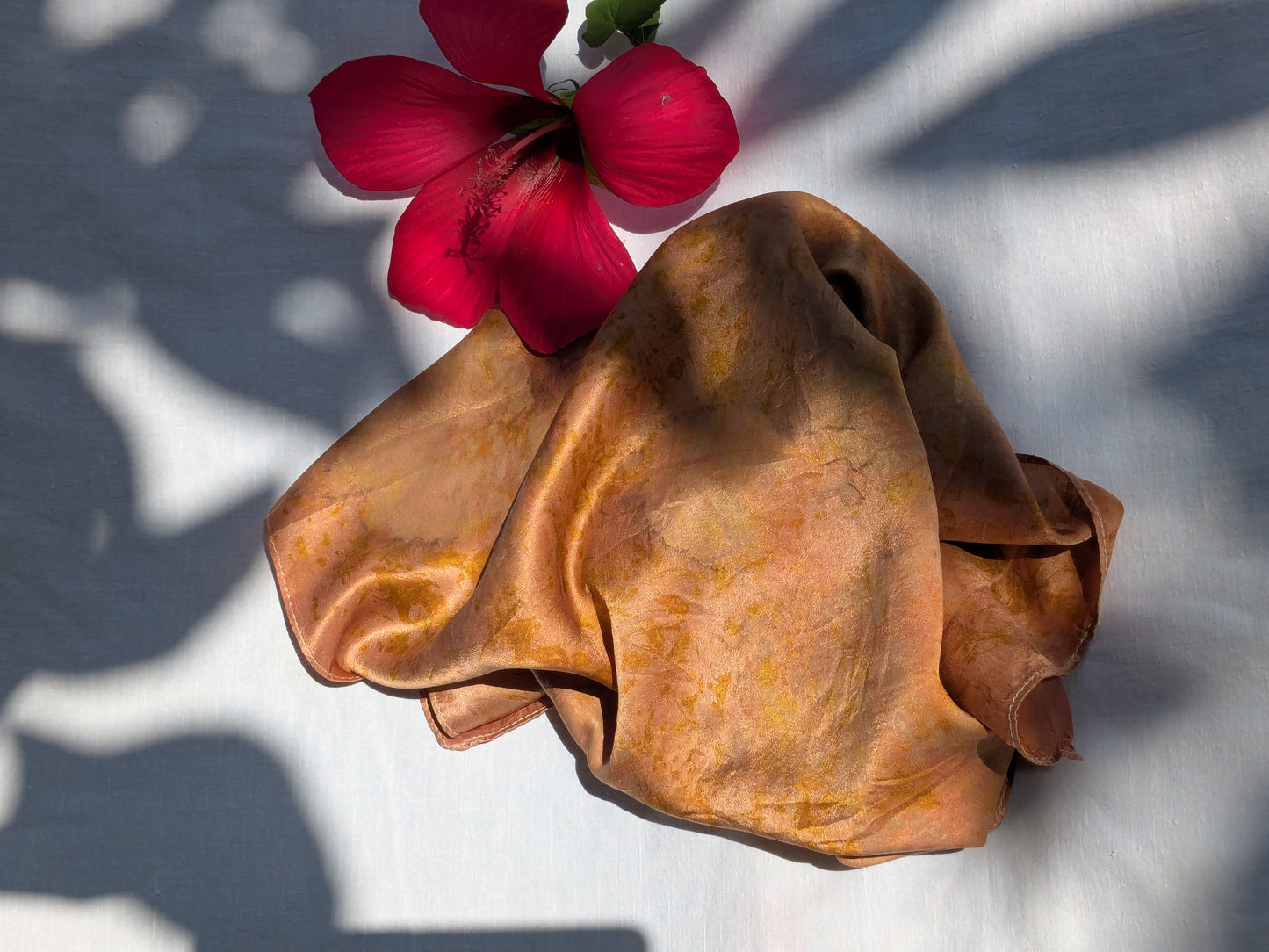 Eco-Dyed Madder Silk Scarf with Leaf Prints