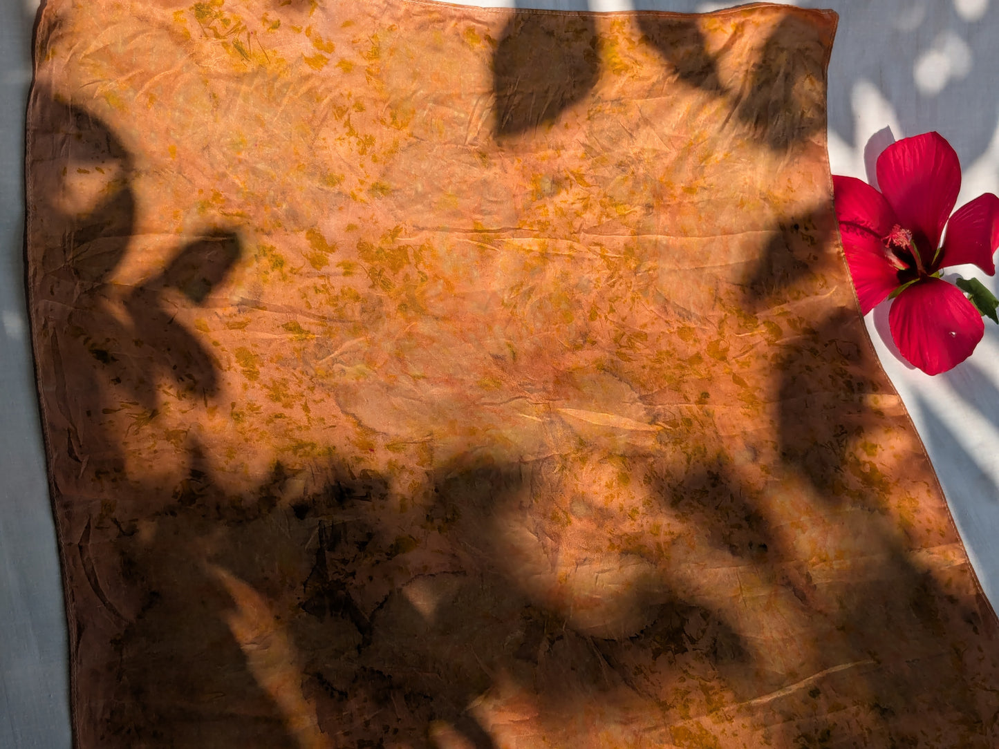 Eco-Dyed Madder Silk Scarf with Leaf Prints