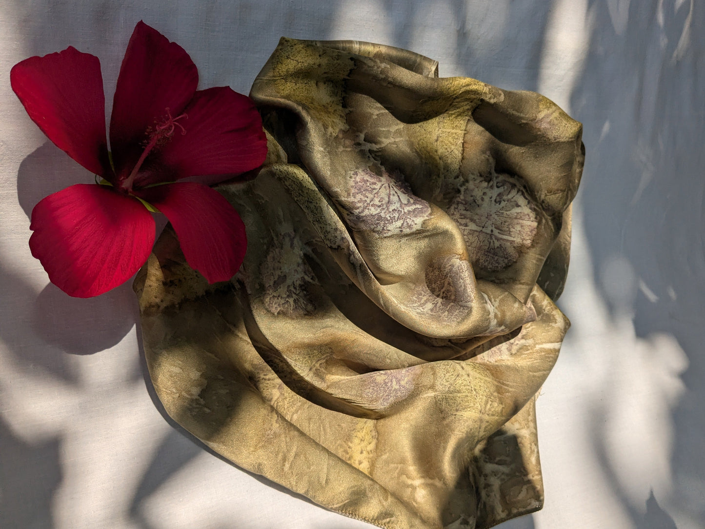 Eco-Dyed Pomegranate Silk Scarf with leaf Prints