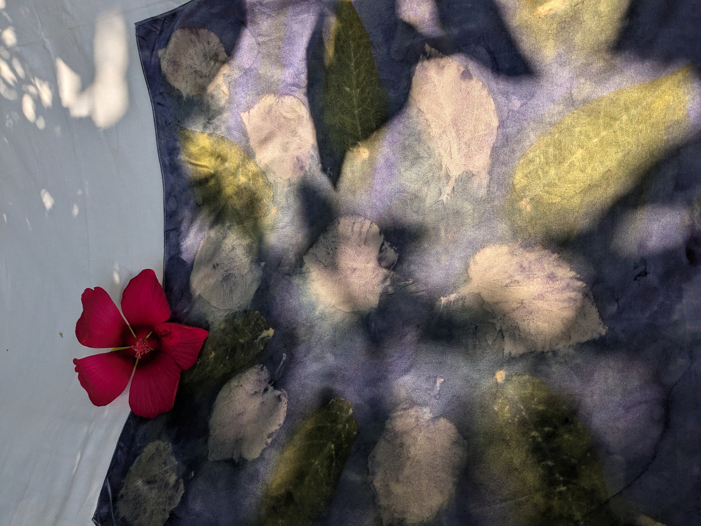 Eco printed natural silk satin scarf, logwood and leaves