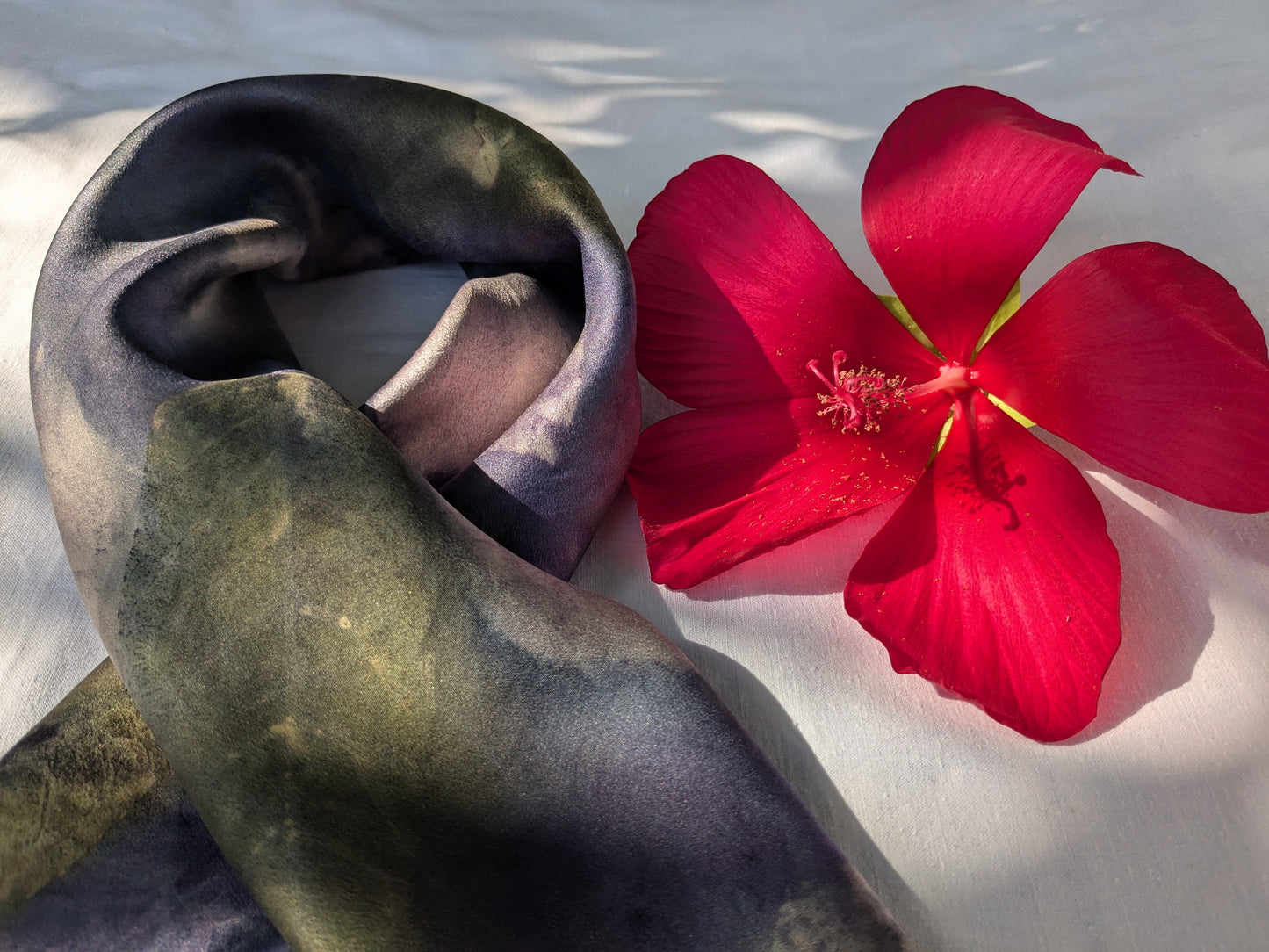 Eco printed natural silk satin scarf, logwood and leaves