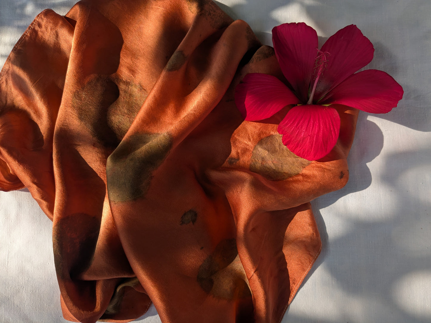 Eco printed red silk scarf with smokebush leaves