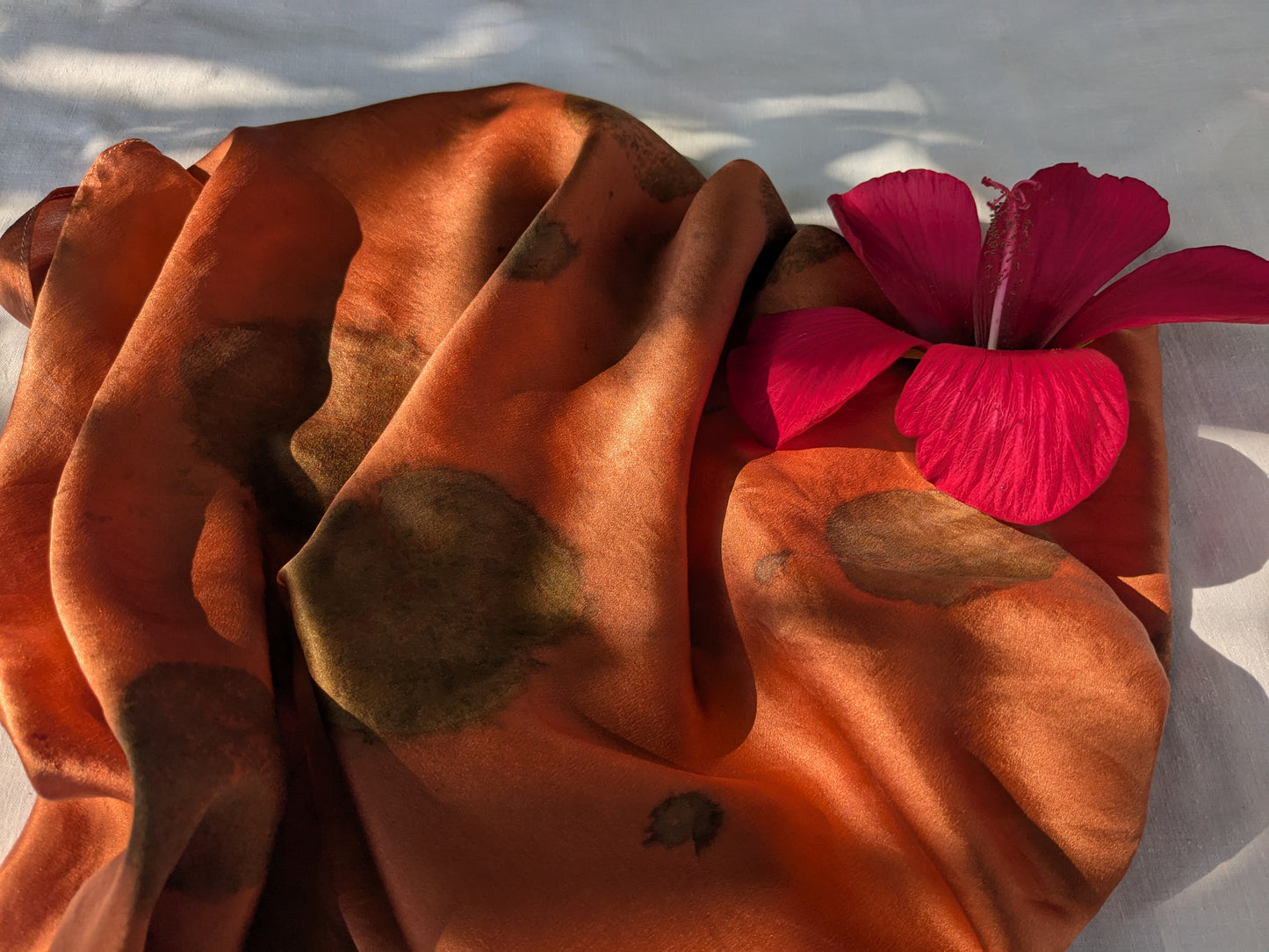 Eco printed red silk scarf with smokebush leaves
