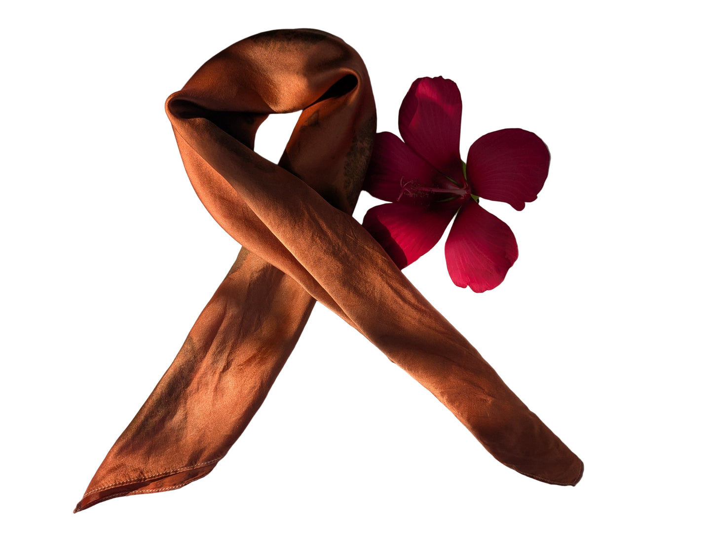 Eco printed red silk scarf with smokebush leaves