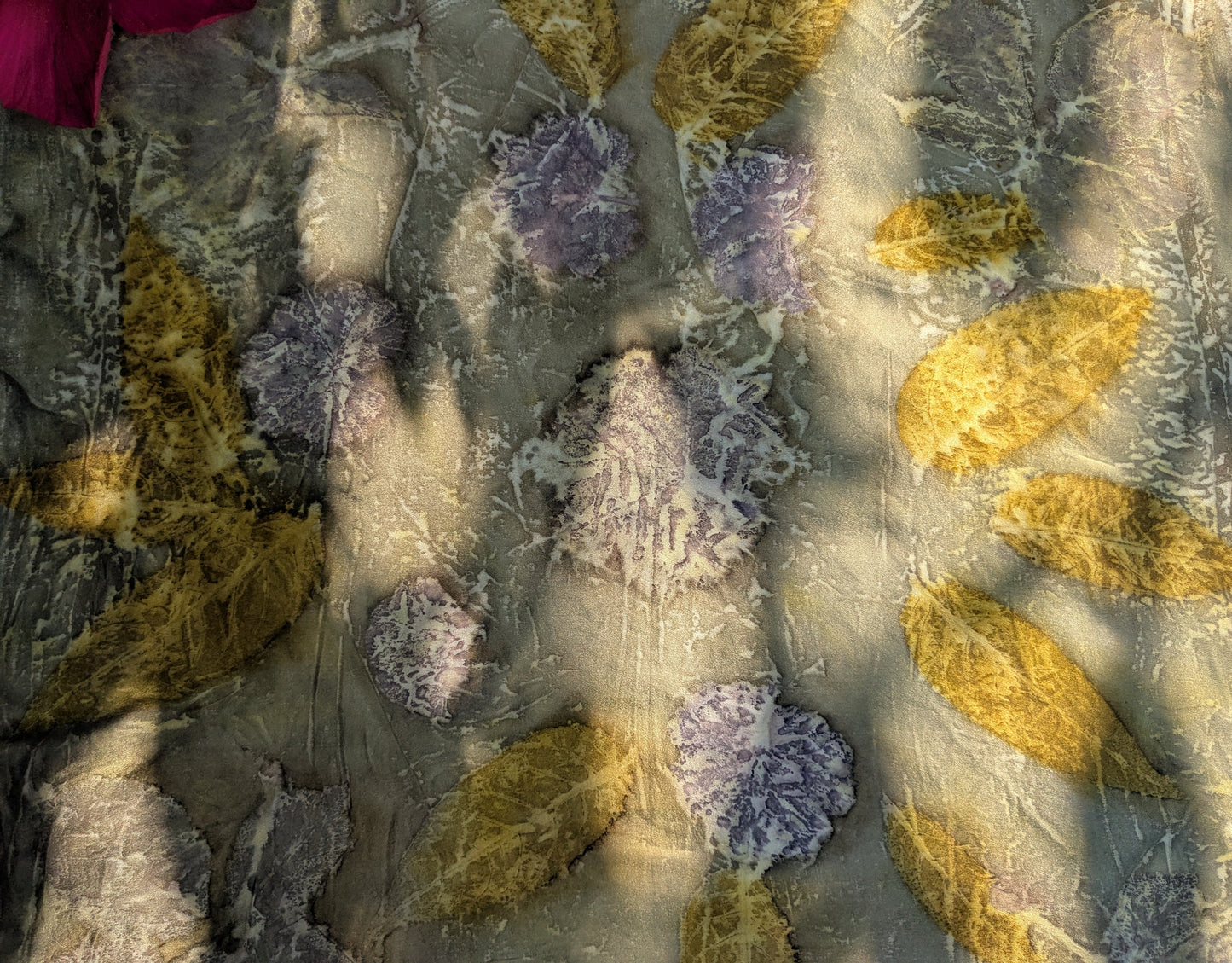 Pomegranate dyed silk scarf, eco printed with geranium leaves