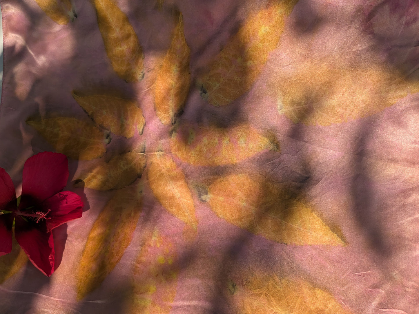 Golden leaf print on pink silk, natural silk scarf one of a kind