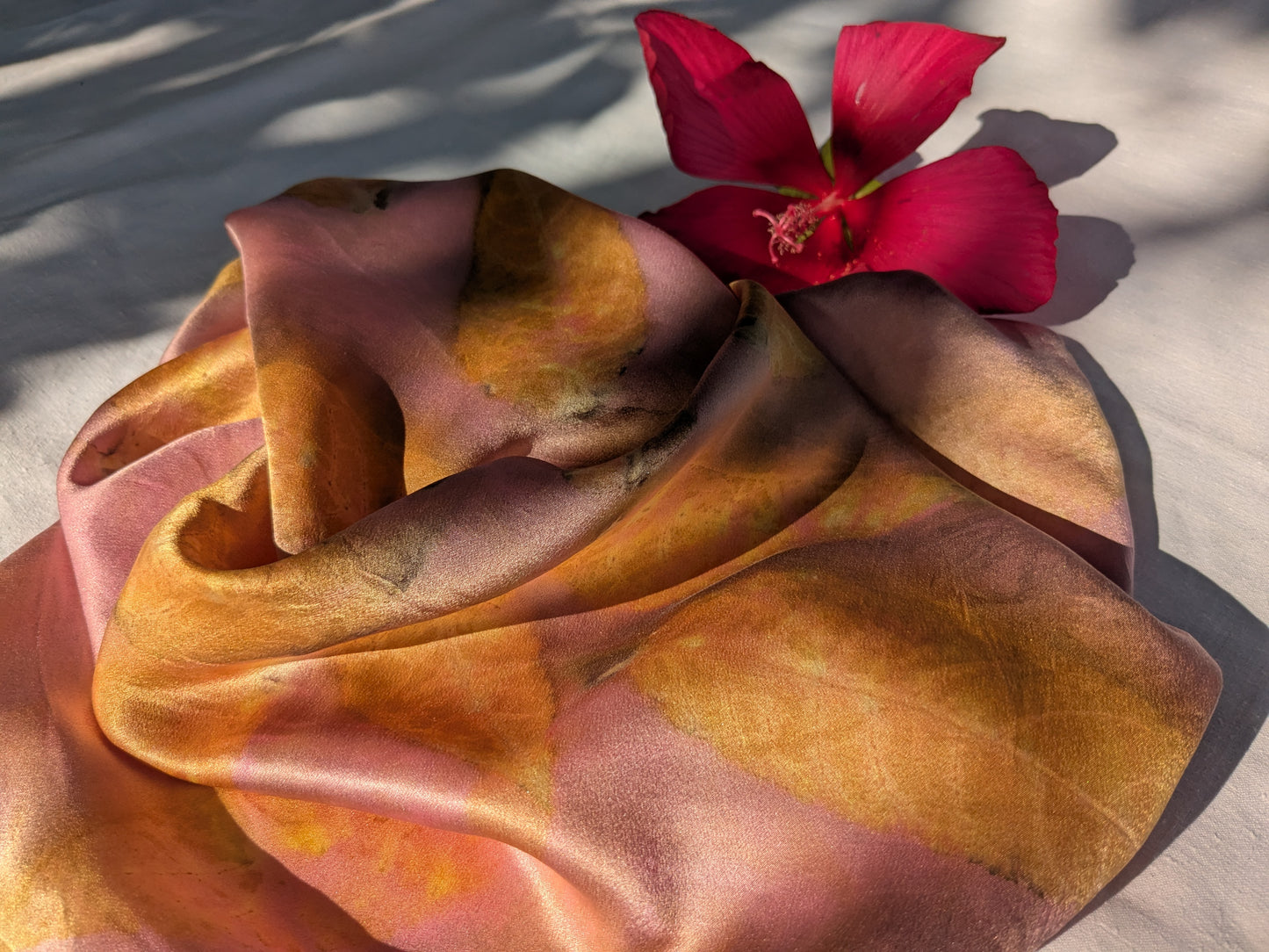 Golden leaf print on pink silk, natural silk scarf one of a kind