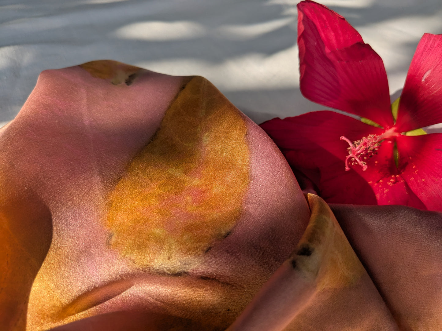 Golden leaf print on pink silk, natural silk scarf one of a kind