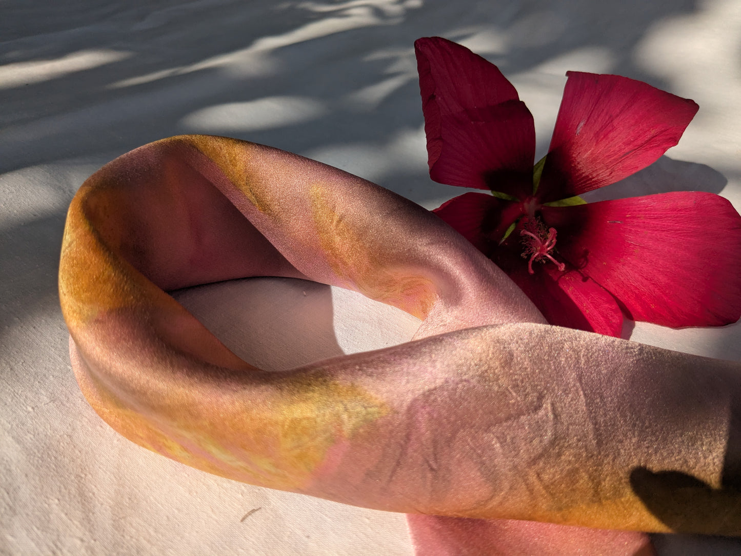 Golden leaf print on pink silk, natural silk scarf one of a kind