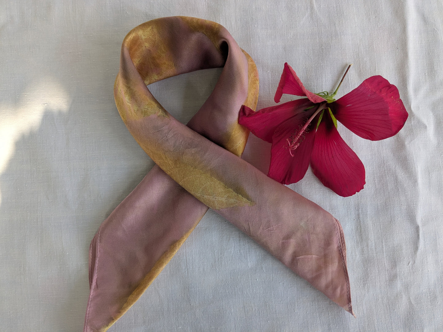 Golden leaf print on pink silk, natural silk scarf one of a kind