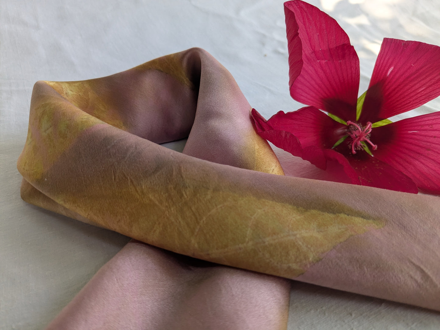 Golden leaf print on pink silk, natural silk scarf one of a kind