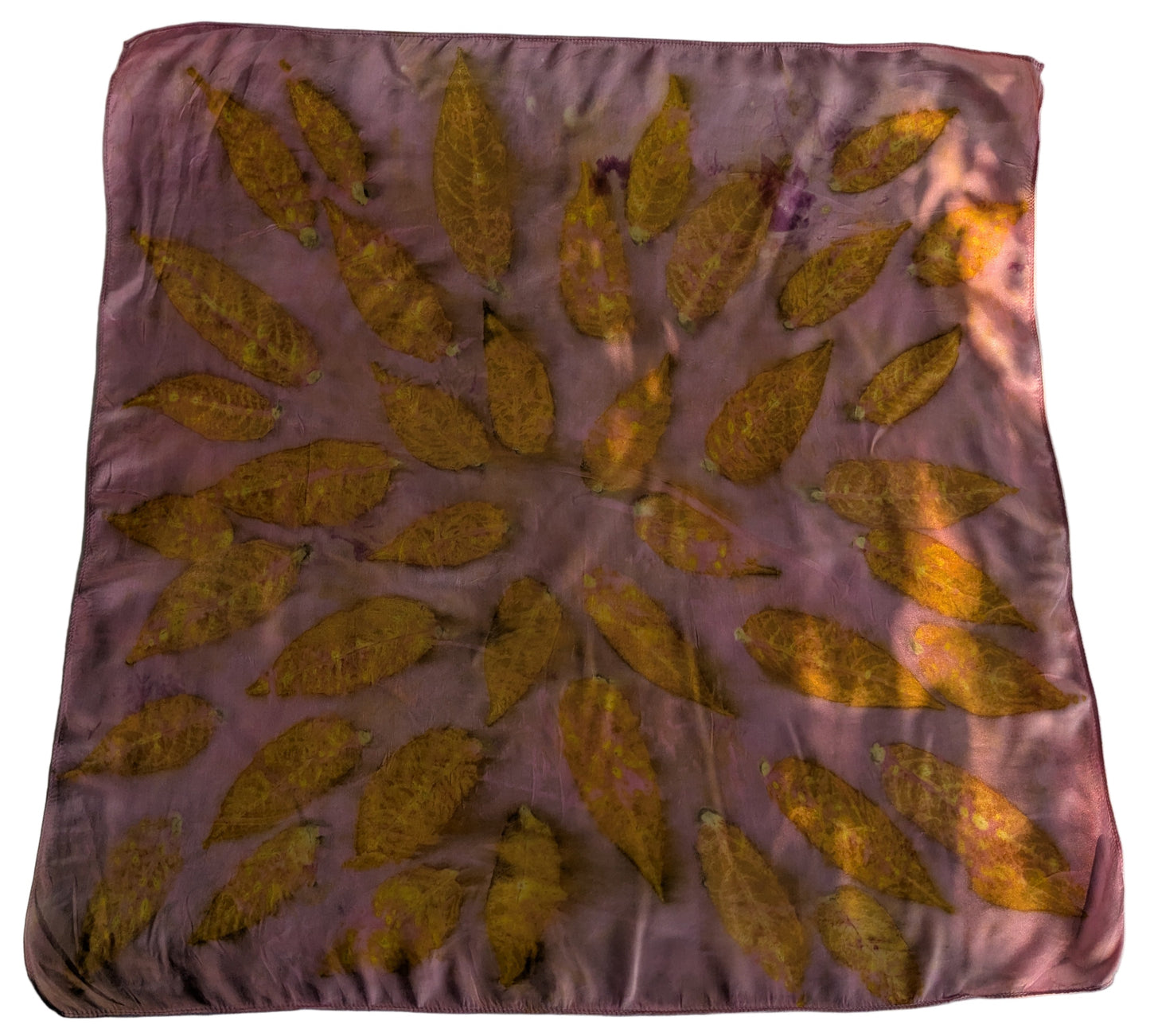 Pink eco printed silk scarf with sumac leaves