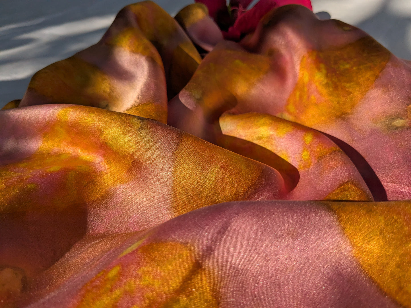 Pink eco printed silk scarf with sumac leaves