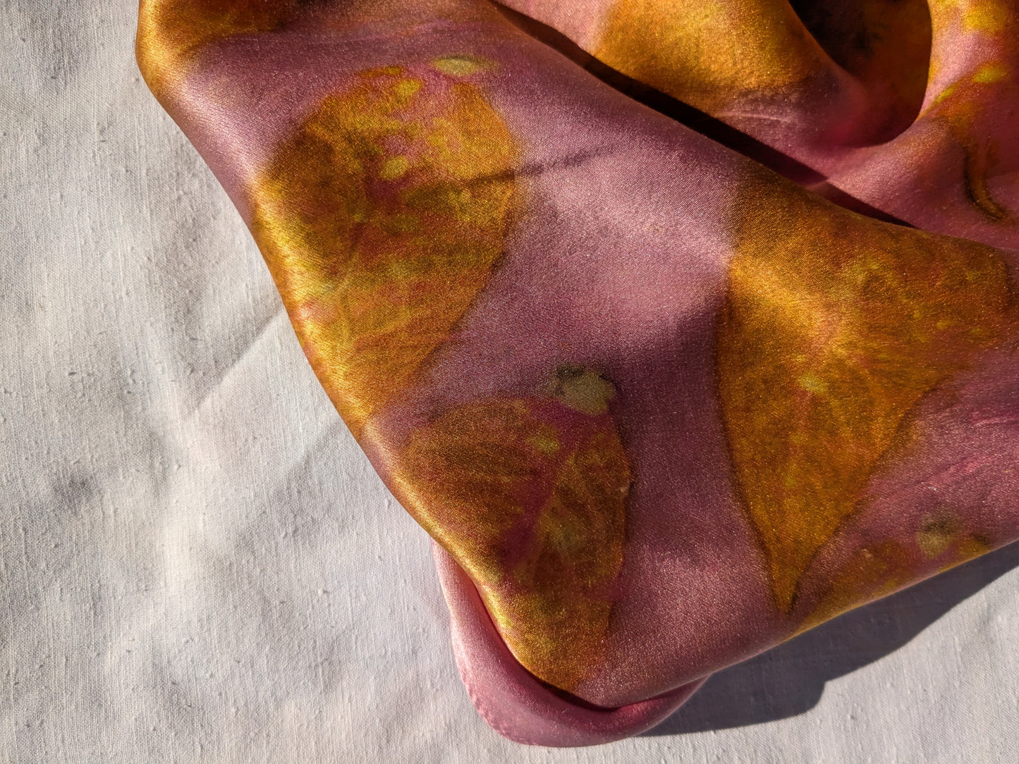 Pink eco printed silk scarf with sumac leaves