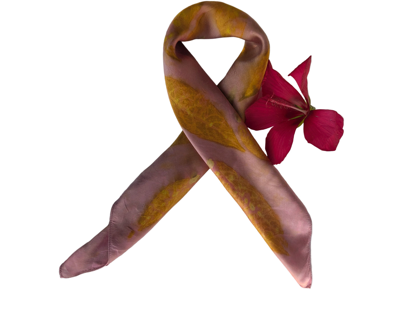 Pink eco printed silk scarf with sumac leaves
