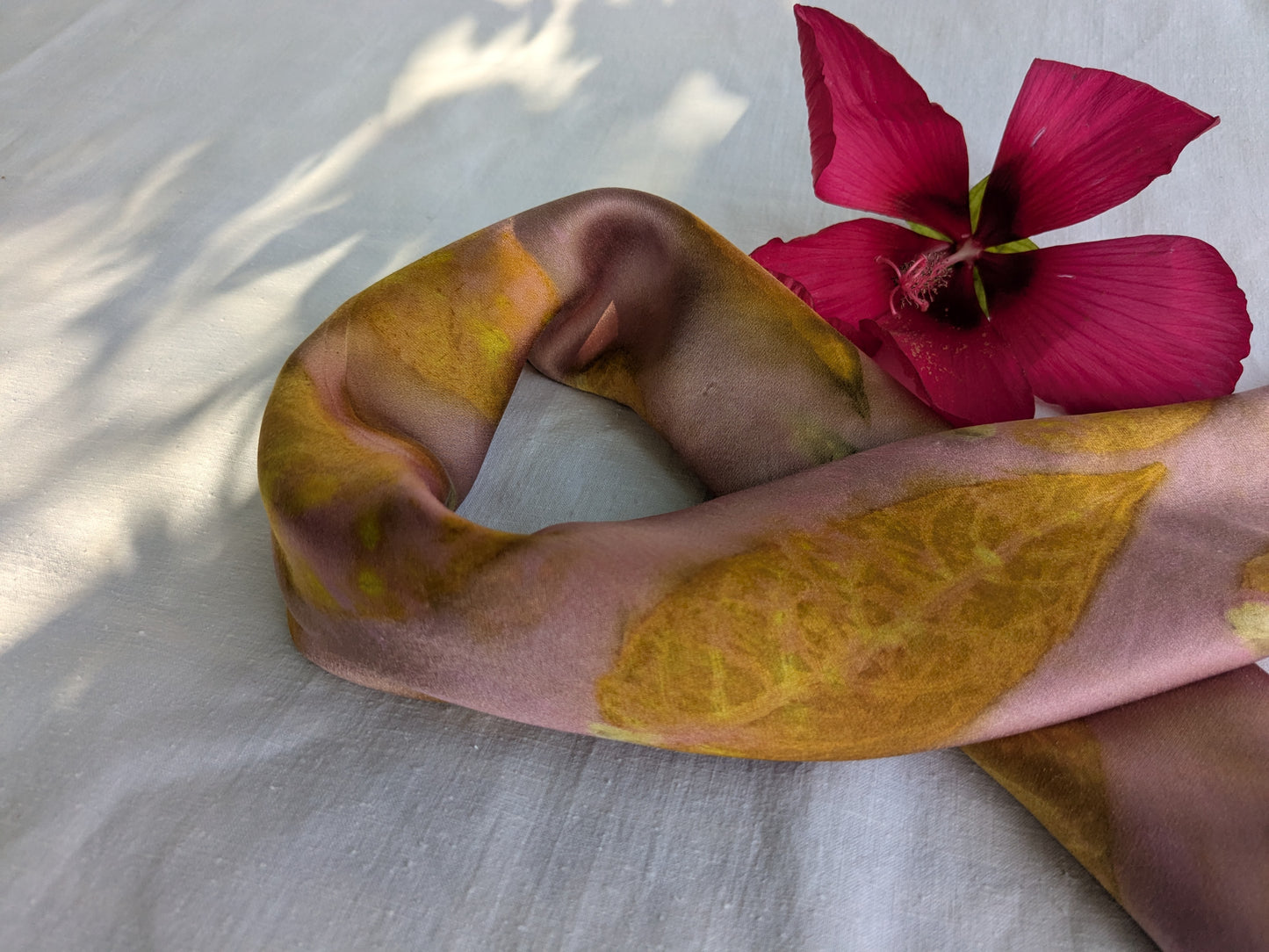 Pink eco printed silk scarf with sumac leaves