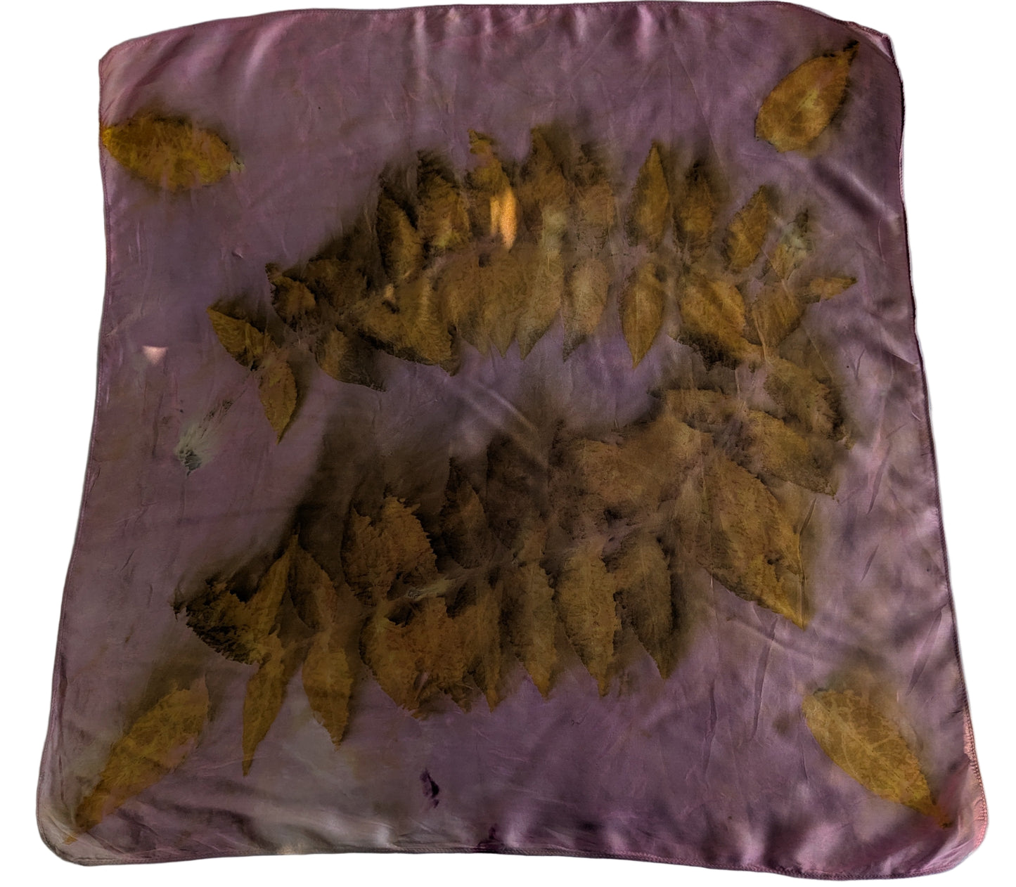 Eco printed natural silk scarf with golden leaves