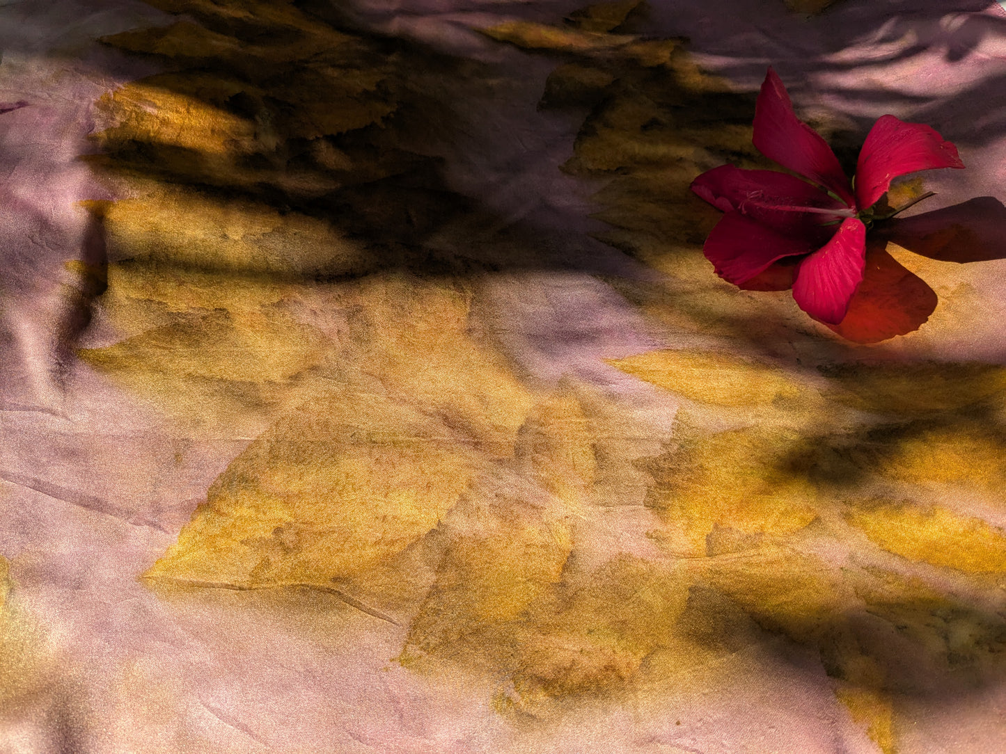 Eco printed natural silk scarf with golden leaves