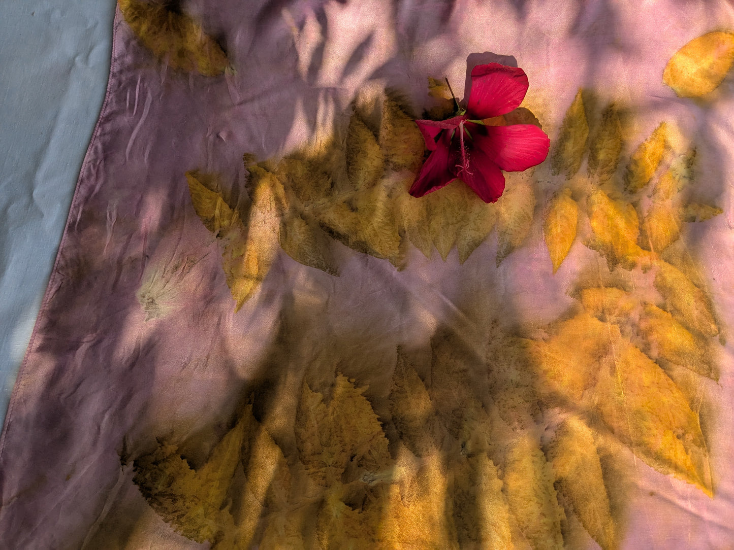 Eco printed natural silk scarf with golden leaves